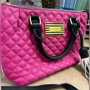 Betsey Johnson Pink Black and White Quilted Satchel with Black Handles EUC
